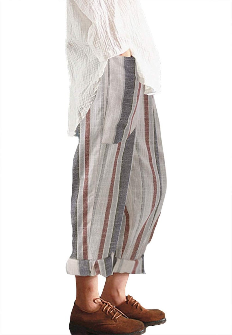 woobles Womens Striped Linen Pants Elastic Waist Cropped Trousers Capri - Image 2